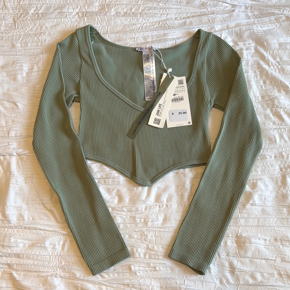 Zara Ribbed Green Long Sleeve Crop Top